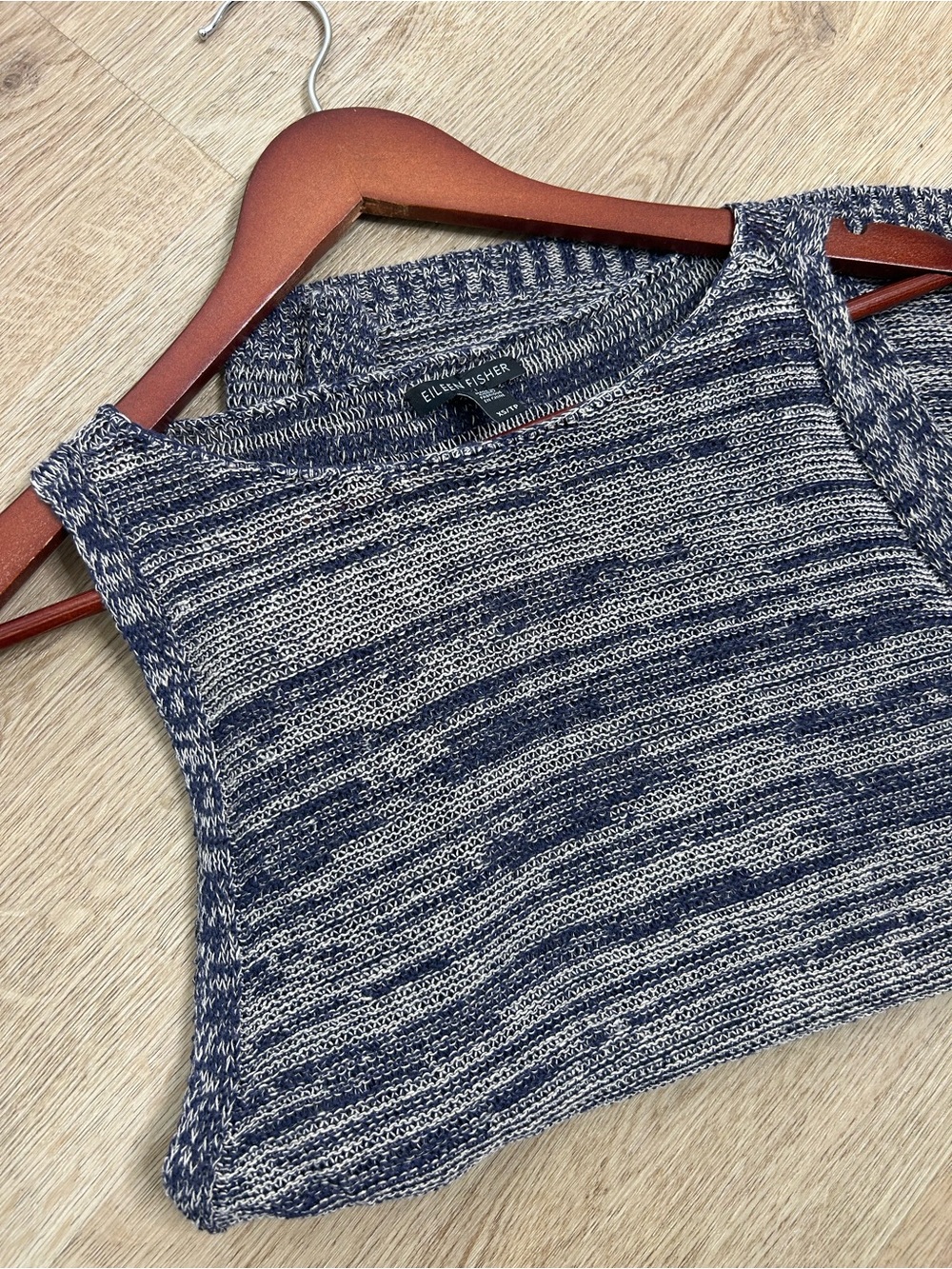 Eileen Fisher 100% Organic Linen Knit Tunic Long Tank Top Navy Blue Cream